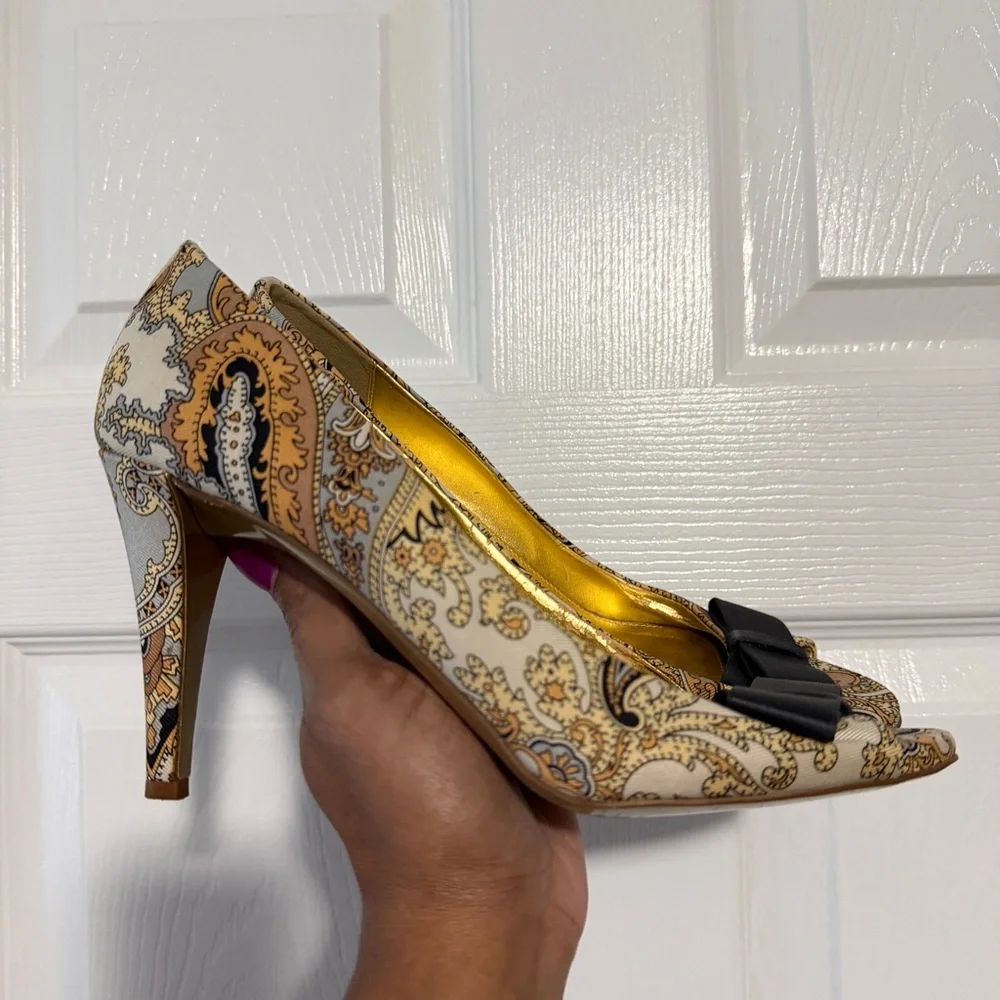 J. Crew Paisley Brocade Printed Heels w Bow 9 - Picture 2 of 5